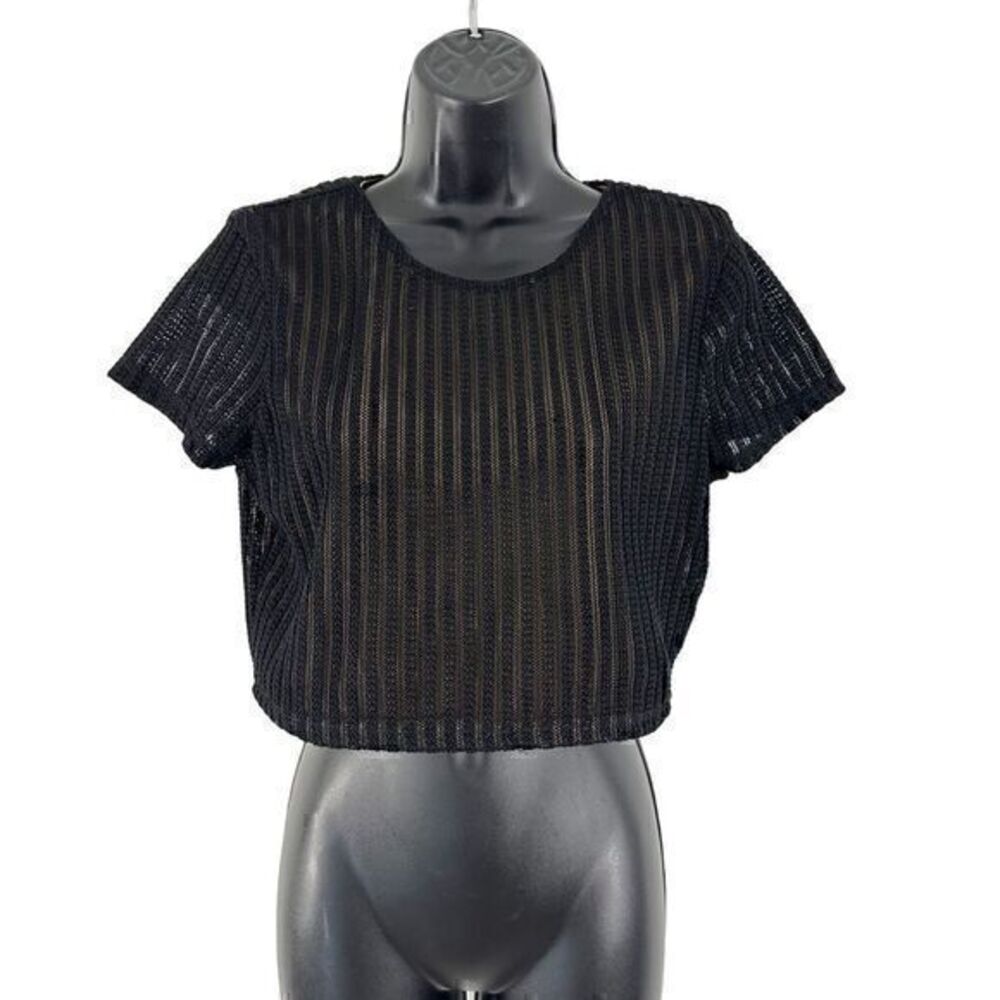 Privacy Please Knit Scoop Neck Sheer Overlay Short Sleeve Crop Top Black Medium‎